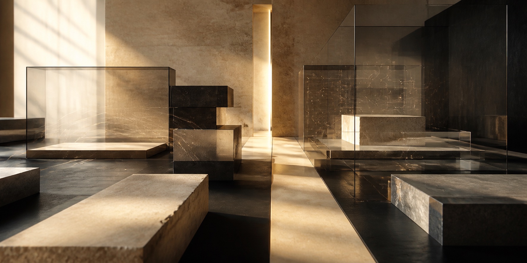 A refined architectural composition of stone, glass, and warm strategic light suggesting AI serving brand strategy and human judgment