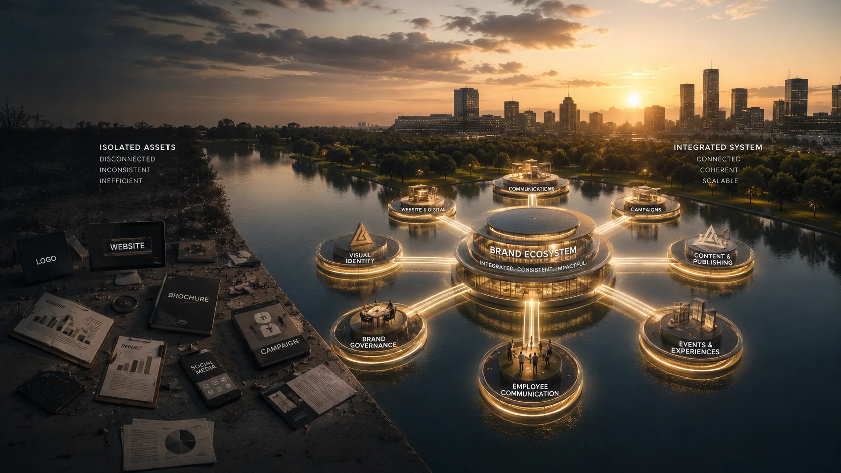 A connected brand ecosystem contrasted with isolated communication assets