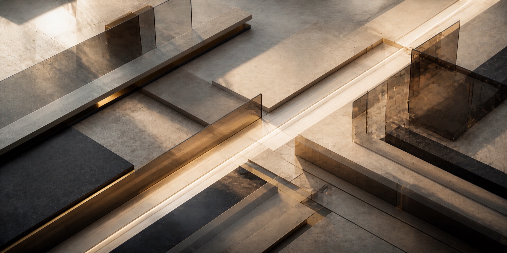 Layered stone and glass planes forming a clear illuminated path through complexity