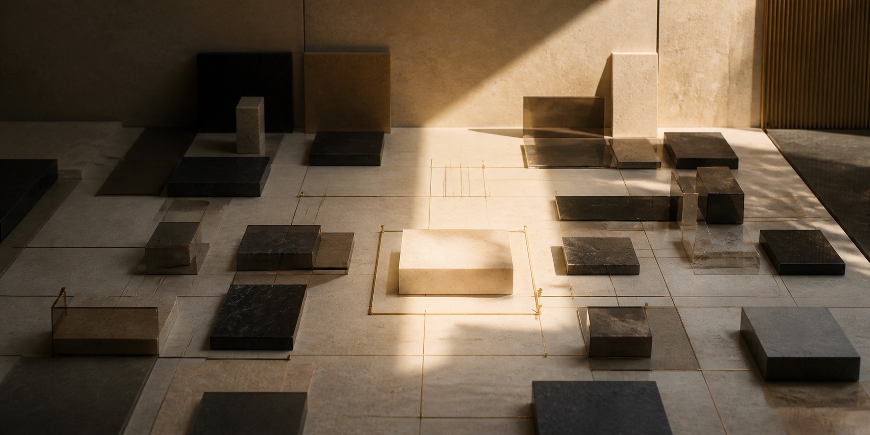 A warm architectural composition where one illuminated block is selected within a field of possible design decisions, representing human judgment and strategic choice